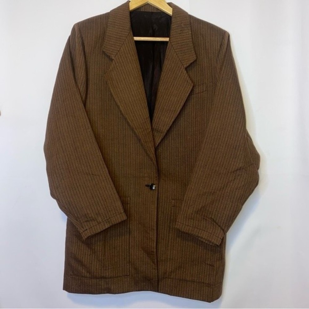 NWOT Alfred Sung Wool Linen Blend Brown Stripped Oversized Blazer Size 8 - Picture 3 of 5